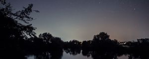 Preview wallpaper starry sky, lake, night, landscape, trees, horizon