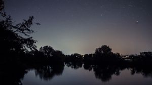 Preview wallpaper starry sky, lake, night, landscape, trees, horizon