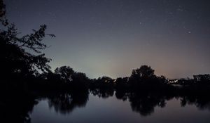 Preview wallpaper starry sky, lake, night, landscape, trees, horizon