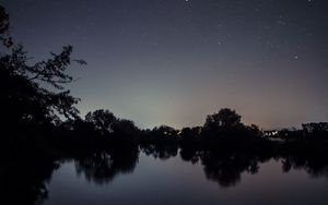 Preview wallpaper starry sky, lake, night, landscape, trees, horizon