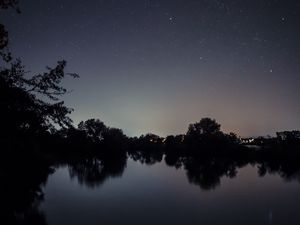 Preview wallpaper starry sky, lake, night, landscape, trees, horizon