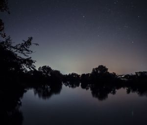 Preview wallpaper starry sky, lake, night, landscape, trees, horizon