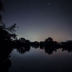 Preview wallpaper starry sky, lake, night, landscape, trees, horizon