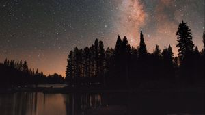 Preview wallpaper starry sky, lake, trees, night