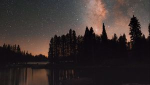 Preview wallpaper starry sky, lake, trees, night