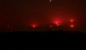 Preview wallpaper starry sky, lights, light, fog, red, dark