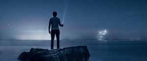 Preview wallpaper starry sky, loneliness, lake, man, mississauga, canada