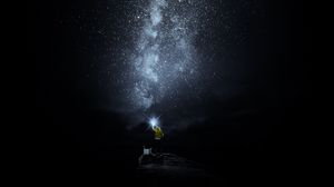 Preview wallpaper starry sky, man, loneliness, lonely, shine, night, dark
