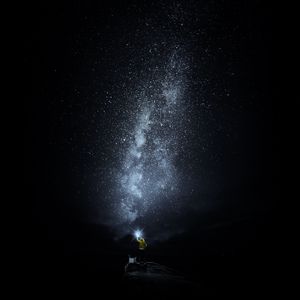 Preview wallpaper starry sky, man, loneliness, lonely, shine, night, dark