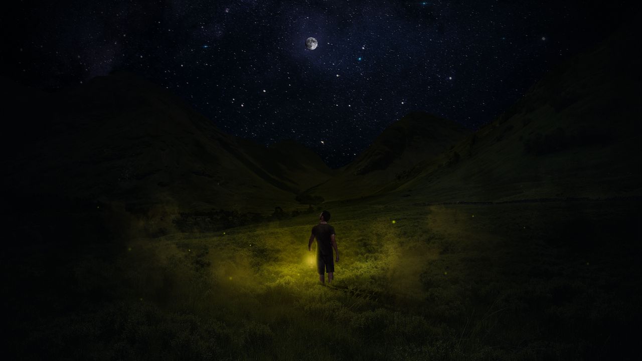 Wallpaper starry sky, man, night, field, sky, grass