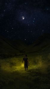Preview wallpaper starry sky, man, night, field, sky, grass
