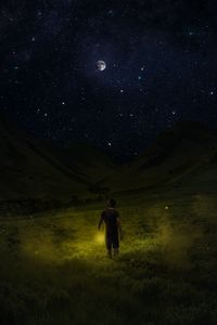 Preview wallpaper starry sky, man, night, field, sky, grass