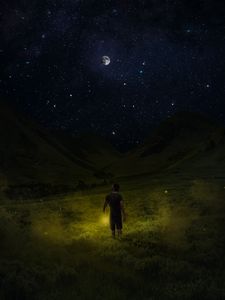 Preview wallpaper starry sky, man, night, field, sky, grass