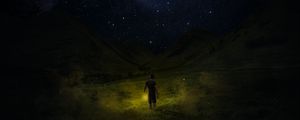 Preview wallpaper starry sky, man, night, field, sky, grass