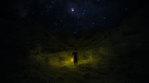 Preview wallpaper starry sky, man, night, field, sky, grass