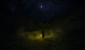 Preview wallpaper starry sky, man, night, field, sky, grass