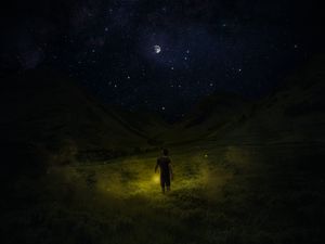 Preview wallpaper starry sky, man, night, field, sky, grass