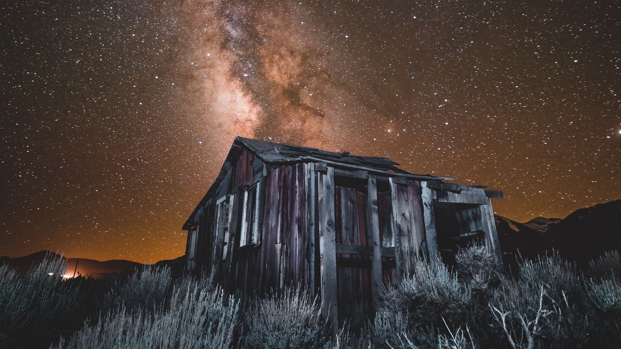 Wallpaper starry sky, milky way, building, night, june lake, united states