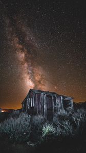 Preview wallpaper starry sky, milky way, building, night, june lake, united states