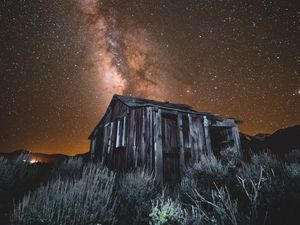 Preview wallpaper starry sky, milky way, building, night, june lake, united states