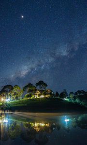 Preview wallpaper starry sky, milky way, lake, light, house