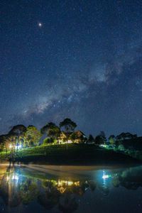 Preview wallpaper starry sky, milky way, lake, light, house