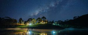 Preview wallpaper starry sky, milky way, lake, light, house