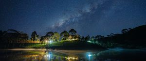 Preview wallpaper starry sky, milky way, lake, light, house