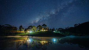 Preview wallpaper starry sky, milky way, lake, light, house