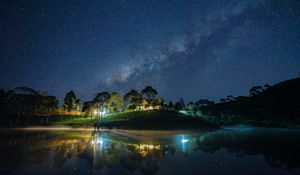 Preview wallpaper starry sky, milky way, lake, light, house