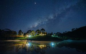Preview wallpaper starry sky, milky way, lake, light, house
