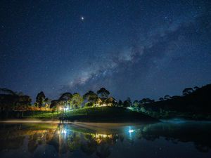 Preview wallpaper starry sky, milky way, lake, light, house