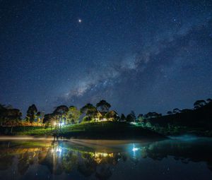 Preview wallpaper starry sky, milky way, lake, light, house