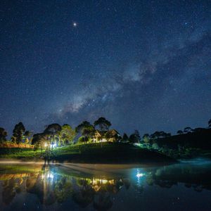 Preview wallpaper starry sky, milky way, lake, light, house