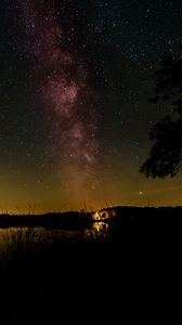 Preview wallpaper starry sky, milky way, lake, night, grass