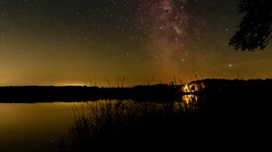 Preview wallpaper starry sky, milky way, lake, night, grass