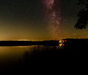 Preview wallpaper starry sky, milky way, lake, night, grass