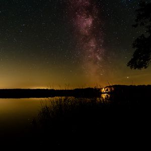 Preview wallpaper starry sky, milky way, lake, night, grass