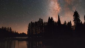 Preview wallpaper starry sky, milky way, trees, lake, night, stars