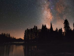 Preview wallpaper starry sky, milky way, trees, lake, night, stars