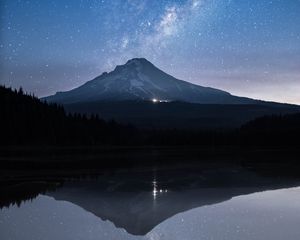 Preview wallpaper starry sky, mountain, stars, milky way, night, reflection