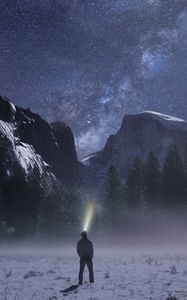 Preview wallpaper starry sky, mountains, night, loneliness