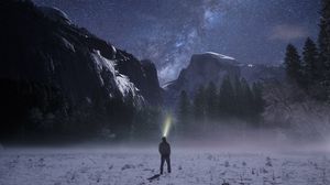 Preview wallpaper starry sky, mountains, night, loneliness