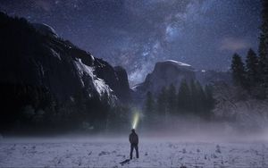 Preview wallpaper starry sky, mountains, night, loneliness