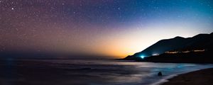 Preview wallpaper starry sky, mountains, night, sea, stars, shore