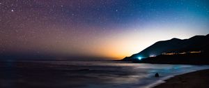 Preview wallpaper starry sky, mountains, night, sea, stars, shore