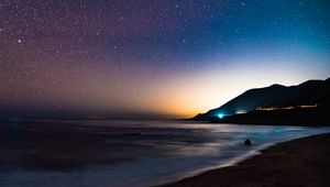 Preview wallpaper starry sky, mountains, night, sea, stars, shore