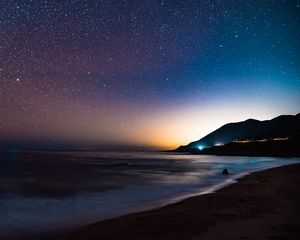 Preview wallpaper starry sky, mountains, night, sea, stars, shore