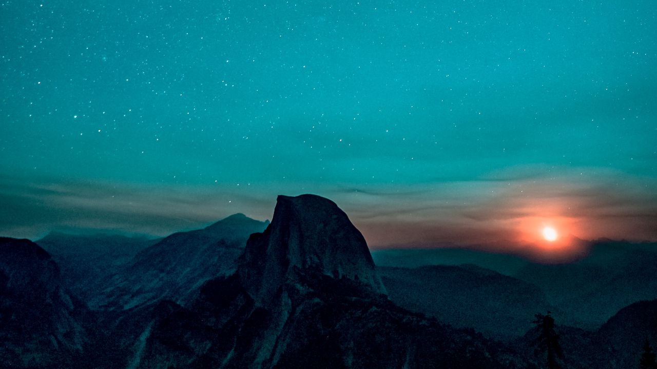 Wallpaper starry sky, mountains, sunrise, yosemite valley