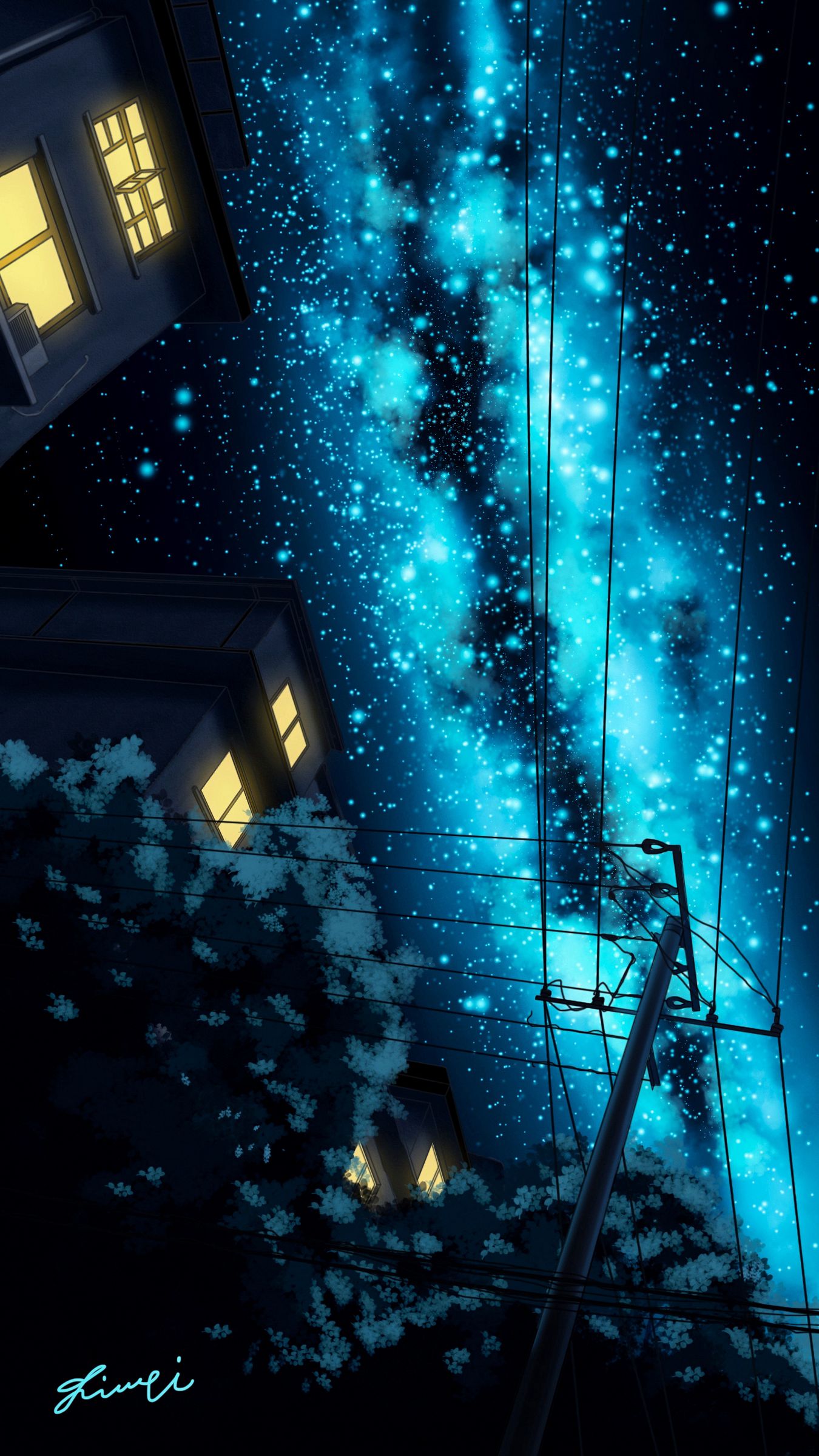 Download wallpaper 1350x2400 starry sky, night, art, pillar, wires ...